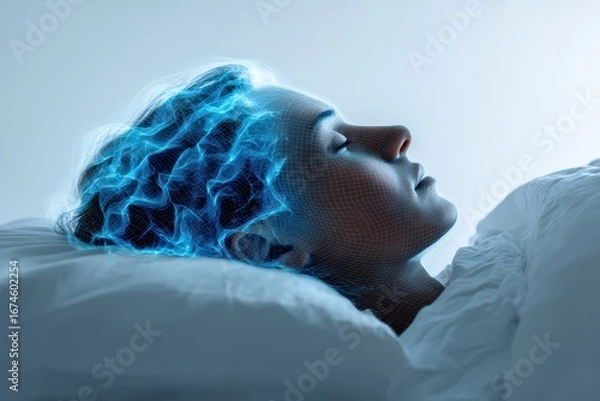 Fototapeta Sleeping Woman with Neural Brain Energy Visualization