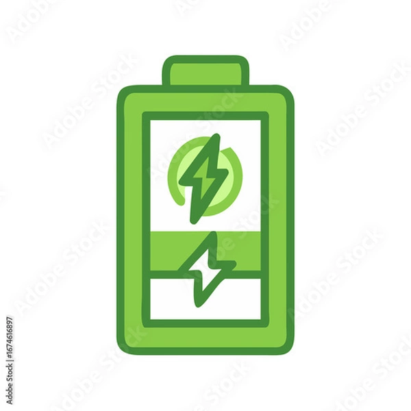 Obraz Clean vector icon of a battery filled with energy and a lightning bolt symbol inside, green eco palette, isolated.
