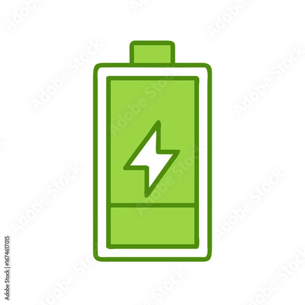 Obraz Clean vector icon of a battery filled with energy and a lightning bolt symbol inside, green eco palette, isolated.
