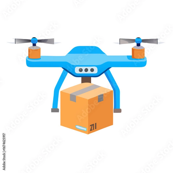 Fototapeta Flat vector icon of a quadcopter drone carrying a delivery package, modern tech design, blue and orange palette, isolated on transparent background.