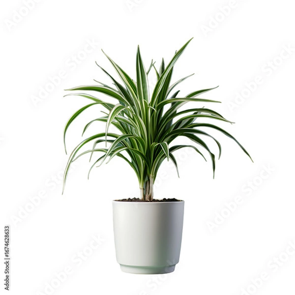 Fototapeta Beautiful chlorophytum comosum in white pot for home decor and indoor plant design ideas and inspiration  | png cutout isolated on a transparent backdrop