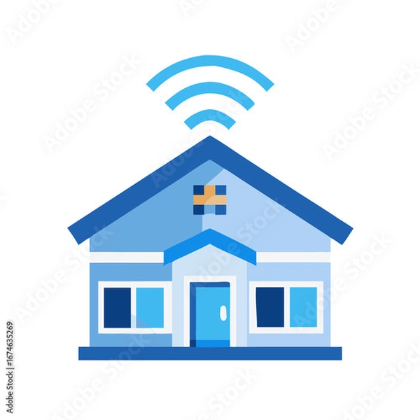 Obraz Flat vector icon of a modern house with WiFi signal above the roof, clean geometric lines, tech blue palette, isolated.