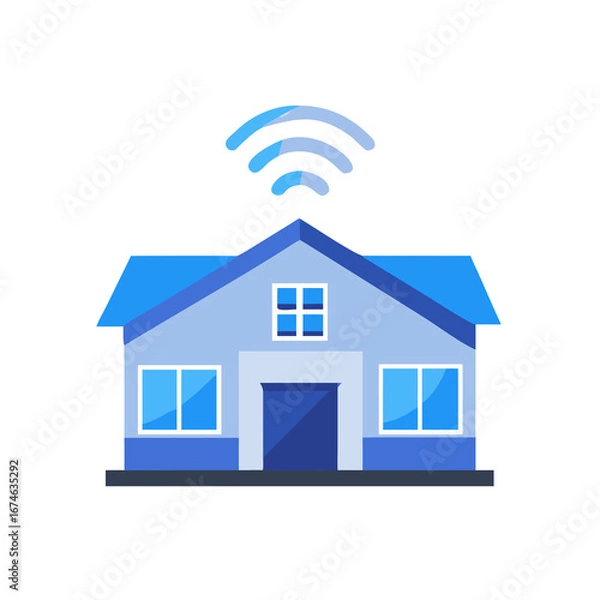 Obraz Flat vector icon of a modern house with WiFi signal above the roof, clean geometric lines, tech blue palette, isolated.