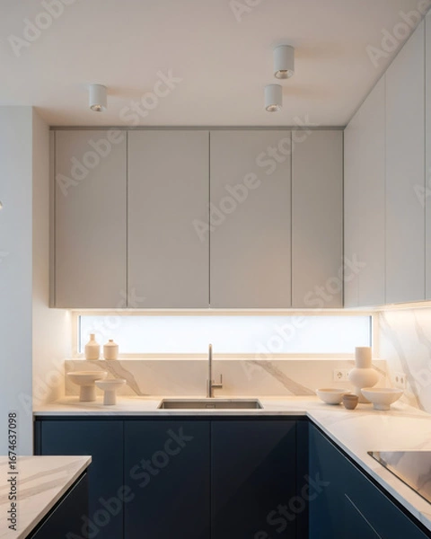 Obraz Minimalist Kitchen Navy and Cream with Marble Countertops Subtle Lighting Vertical