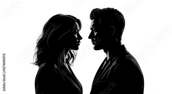 Fototapeta Man and Woman Silhouette Facing Each Other in an Intense Romantic Black and White Portrait