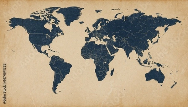Fototapeta Displaying navy blue world map silhouette on beige parchment background, with country borders