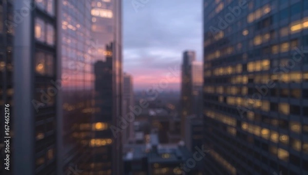 Fototapeta Framing gap between glass towers showing skyline at sunset from rooftop with glowing office lights