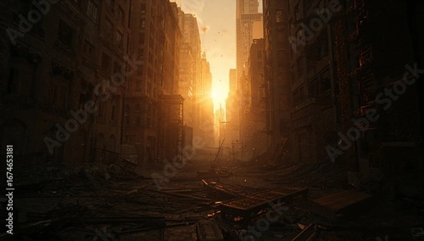 Fototapeta Displaying urban street drowning in rubble twisted metal beams, broken planks and streetlights
