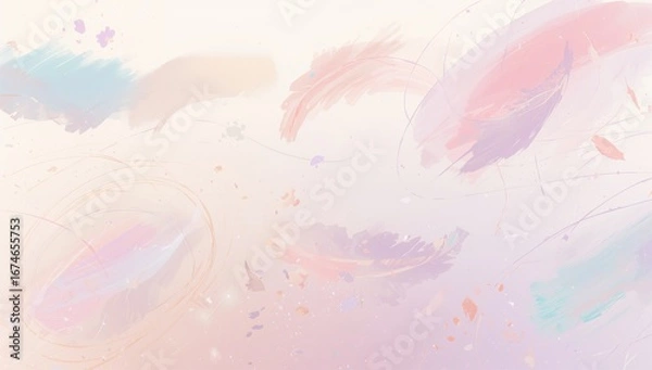 Fototapeta Floating pastel brush strokes and feather shapes drifting across digital canvas, with sparkles