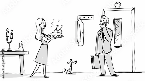 Fototapeta Husband and wife dinner at home Vector sketch for cartoon, storyboard, projects