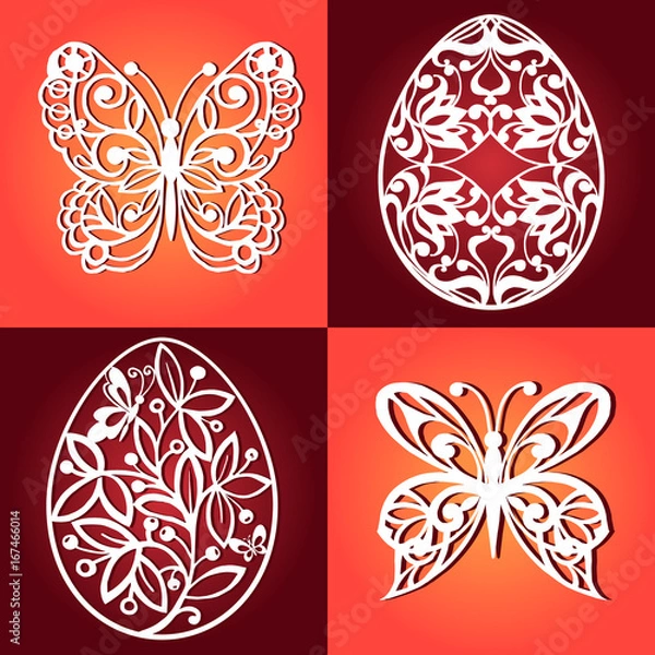 Fototapeta Collection of easter eggs for laser cutting. Decorative butterflies for laser cutting