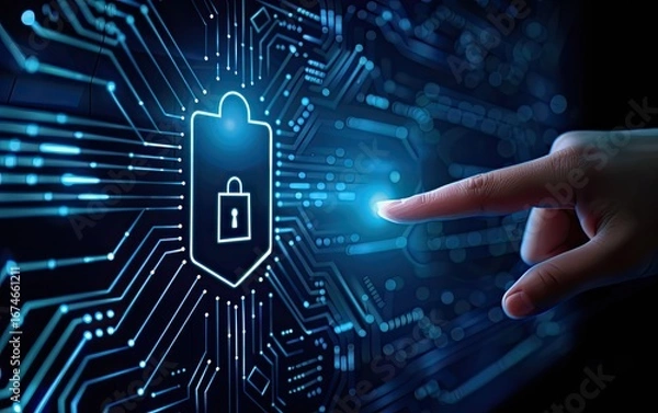 Fototapeta Cyber security hand activates digital lock on screen, dark background, data protection concept