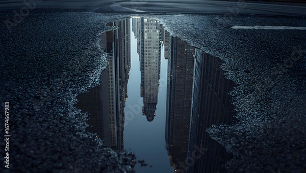 Obraz City skyscrapers reflected in a puddle on a dark, wet street, creating an abstract urban scene.