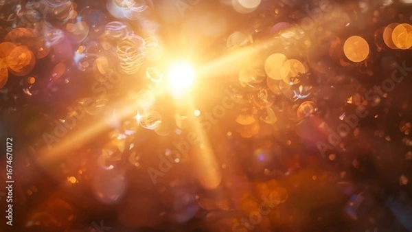 Fototapeta Radiant Light Burst with Lens Flares and Bokeh Effects in Warm Cosmic Glow