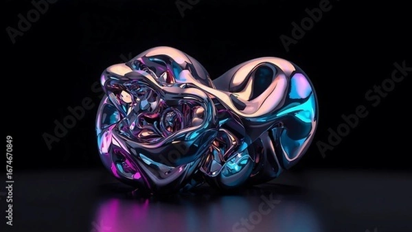 Fototapeta Iridescent Abstract 3D Sculpture with Twisted Geometry and Glossy Surface on Dark Background