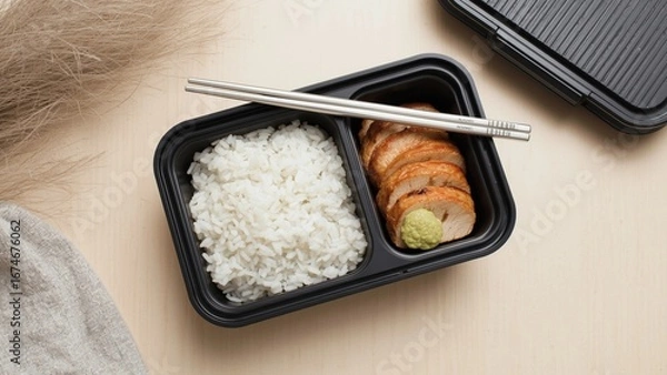 Fototapeta Bento-Style Food Container with Rice, Cooked Meat, and Chopsticks on Wooden Surface