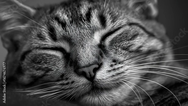 Fototapeta Black and White Close-Up of Sleeping Cat with Visible Fur Texture and Whiskers