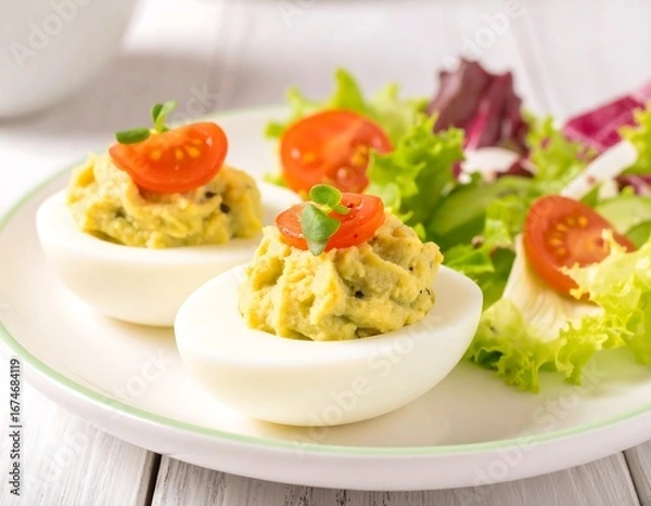 Fototapeta Deviled eggs with salad on a plate