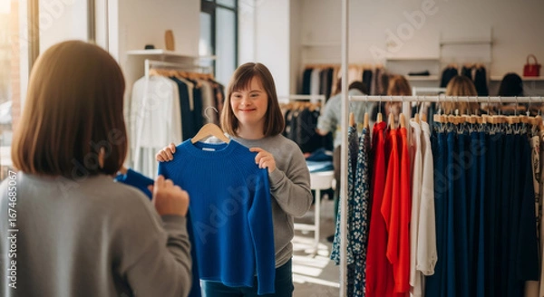 Fototapeta Woman with down syndrome in front of mirror holding a blue sweater in a shop. Daily life and inclusive concept.