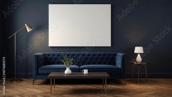 Fototapeta A luxurious dark blue velvet tufted sofa sits beneath a large blank white canvas on a dark wall illuminated by a vintage brass floor lamp and a small table lamp