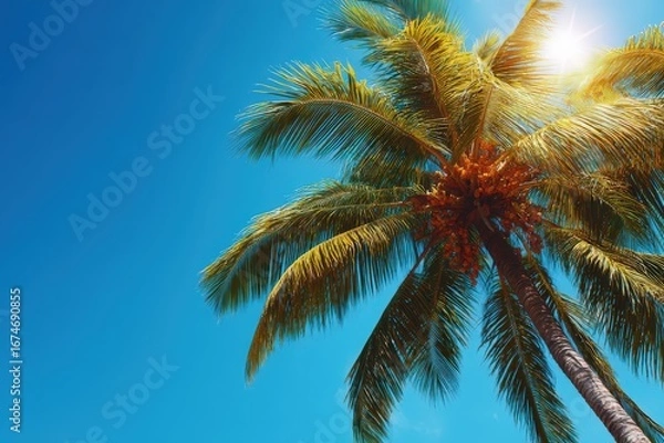 Fototapeta Exquisite tropical palm tree basking in warm sunlight against a clear azure sky symbolizing relaxation and summer escapism in a picturesque natural environment captured with clarity