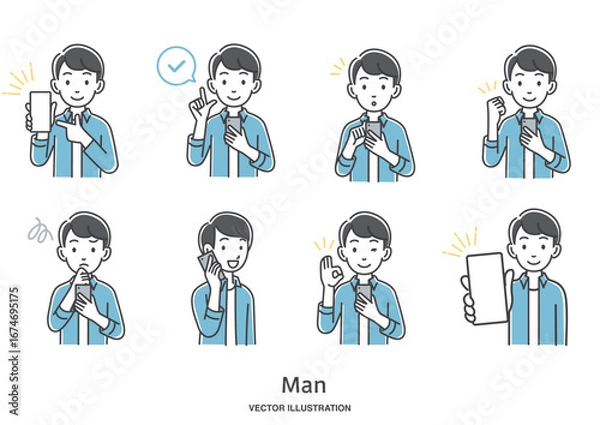 Fototapeta スマートフォンを操作する男性のイラストセット