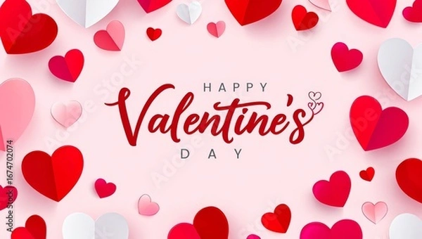 Fototapeta Happy Valentine's Day text with cutout paper hearts on white background.