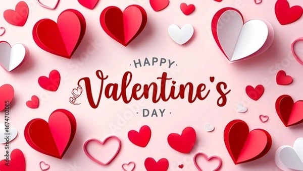 Fototapeta Happy Valentine's Day text with cutout paper hearts on white background.