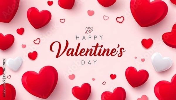 Fototapeta Happy Valentine's Day text with cutout paper hearts on white background.