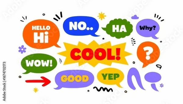 Fototapeta Collection of contemporary figure, speech bubble with text, arrow in funky groovy style.