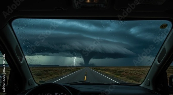 Fototapeta Driving Towards a Massive Tornado on the Horizon