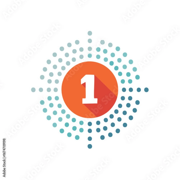 Fototapeta Number One Badge: Orange Circle Icon with Dots, Long Shadow, Ranking Symbol