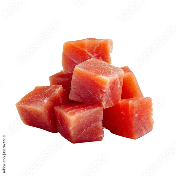 Fototapeta Fresh, vibrant cubes of raw tuna stacked together, showcasing their rich red color and smooth texture, perfect for sushi or sashimi