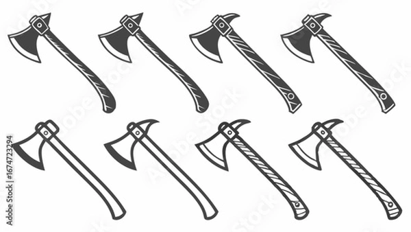 Fototapeta Diverse Axe Designs Vector Collection. Strong Woodcutting Tools, Historical Weapons, and Outdoor Gear Icons for Logos, Gaming, Adventure, and Survival Branding.