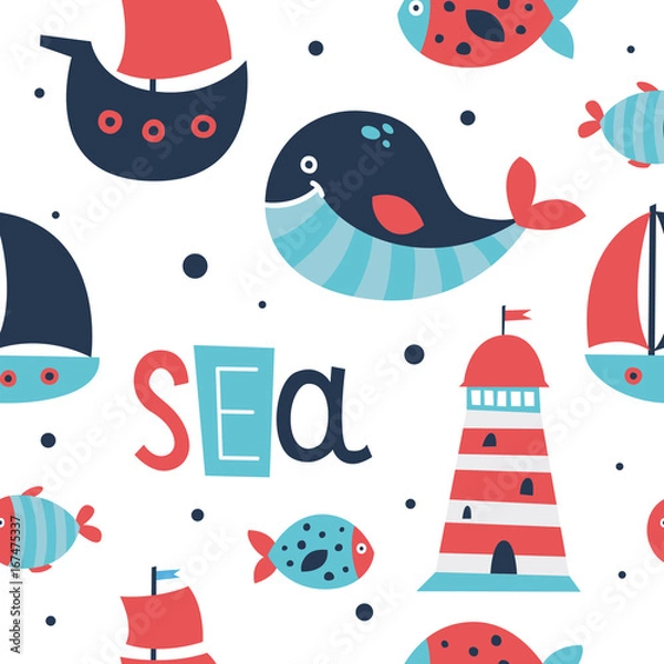 Fototapeta Cute sea elements seamless pattern