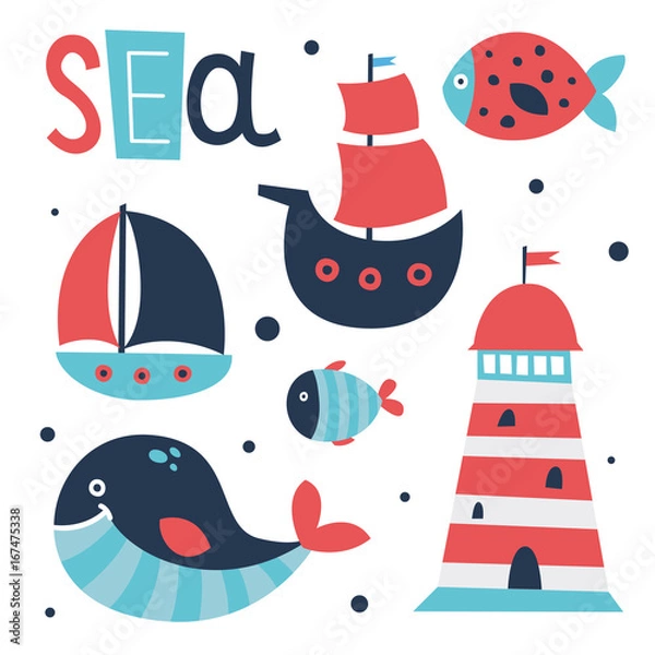 Fototapeta Cute sea elements set