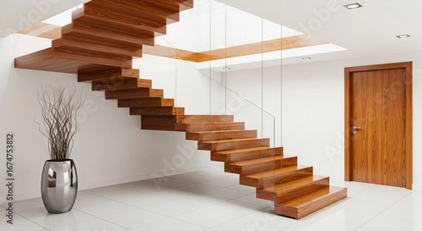 Obraz Sleek floating wooden stairs with a glass railing create a focal point in a bright home.