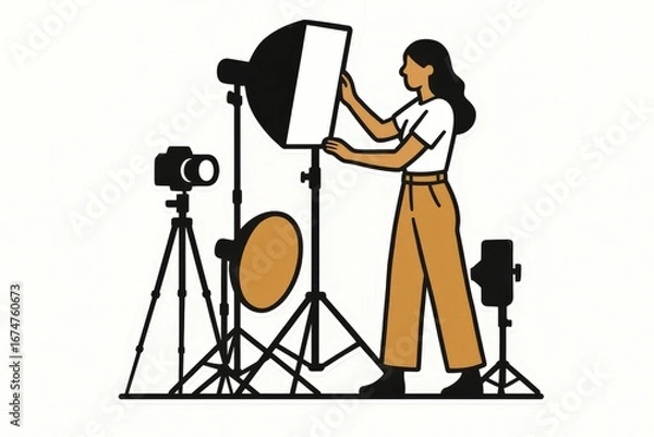 Fototapeta Engaging photographer meticulously configuring studio lighting while preparing for a creative photoshoot showcasing innovative techniques and artistic expression in a professional environment