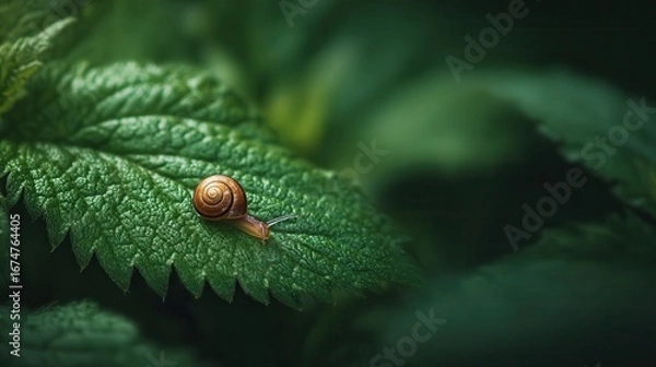 Fototapeta Close-up view of a snail slowly moving across a wet green leaf in a tranquil garden setting