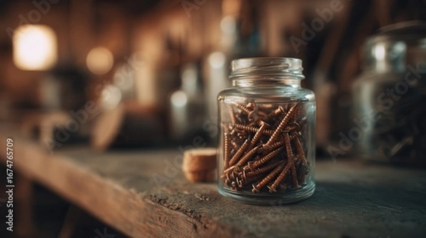 Fototapeta Jar filled with screws and nails on a wooden workbench with tools scattered around
