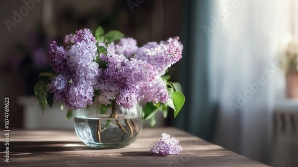 Fototapeta Beautiful lilacs in a glass vase on a wooden table with soft sunlight streaming through a window