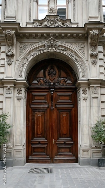 Fototapeta Ornate antique wooden double doors set within a grand stone facade featuring elaborate architectural carvings and a rounded archway