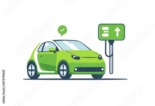 Fototapeta Vector illustration of an electric car charging. Modern green electric car charging a battery, isolated on a white background. Environmentally friendly approach. Eco-friendly vehicle.
