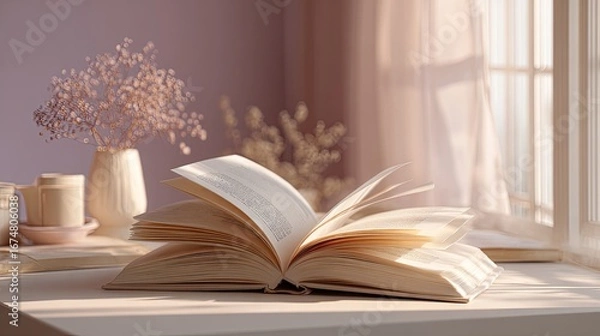 Fototapeta Open book on windowsill, soft light, flowers, and beige aesthetic