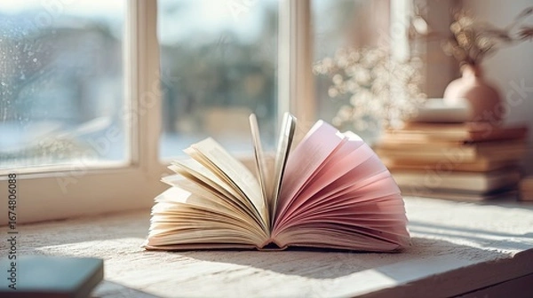 Fototapeta Open book on windowsill, sunlight streaming through, soft focus background