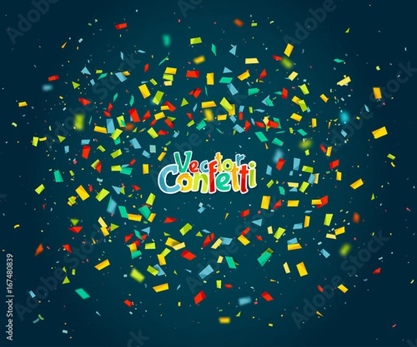 Fototapeta Colorful confetti falling randomly. Abstract blue background with explosion particles. Vector illustration can be used for greeting card, carnival, celebration.