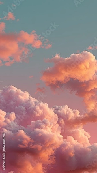 Fototapeta Fluffy pink clouds float in a serene light blue and pink sky at sunset