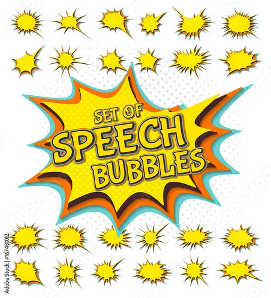 Fototapeta Collection of templates speech bubbles in pop art style. Elements of design comic books. Set of yellow starburst with place for text. Colored vector stickers.