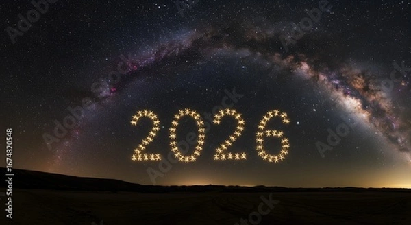 Fototapeta Year 2026 Against the Universe: Illuminating the upcoming year with celestial charm, as the number 2026 composed of numerous stars shimmers brilliantly against a night sky.
