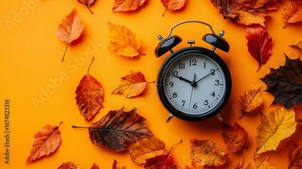Fototapeta Autumn Time Concept, Vintage Clock Surrounded by Colorful Fall Leaves on Orange Background